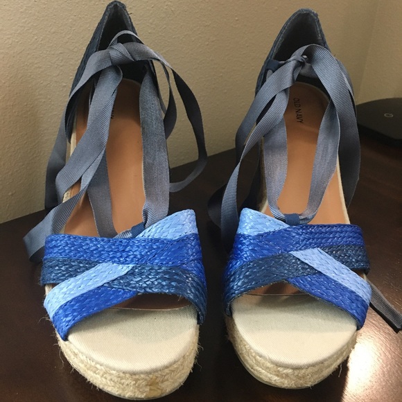 NWOT OLD NAVY Lace Up Espadrille Wedge Peep Toe Blue Sandals - Size 10 - Picture 5 of 15
